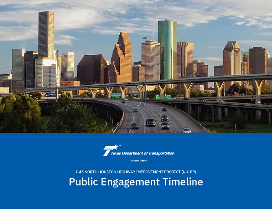 This timeline shows the Public Engagement history of the North Houston Highway Improvement Program, or NHHIP.  Public meetings began in 2011 and continued for several years, including the Public Hearing for the Draft Environmental Impact Statement, or Draft EIS, in 2017. This process identified a Recommended Alternative for each of the NHHIP’s three segments and received public comments on the project.  Meetings continued through 2018 to 2020, as TxDOT published NHHIP Technical Reports. These meetings included City of Houston Mayor Sylvester Turner’s Facilitation Effort meetings, project Traffic Focus Group meetings, and project Housing and Communities Focus Group meetings.  TxDOT released the NHHIP’s Final Environmental Impact Statement, or Final EIS, in September 2020. TxDOT received more than 400 written comments on the FEIS from the public. The receipt of the Record of Decision in February 2021 constitutes TxDOT’s approval of the project’s Preferred Alternative identified in the Final EIS and now calls it the Selected Alternative.   In March 2021, the Houston area Metropolitan Planning Organization passed its most recent resolution supporting the NHHIP. There have been 16 unanimous approvals to develop the project from this group from 2005 to 2021. In June 2021, TxDOT staff briefed the Texas Transportation Commission, or TTC, on the upcoming public comment period for the Unified Transportation Program, TxDOT’s 10-year planning document.  The TTC, in August 2021, adopted the 2022 Unified Transportation Program, which included funding for the NHHIP. As of today, TxDOT continues coordination with Federal Highway Administration and local officials on an agreement needed to move the initial project segments forward.