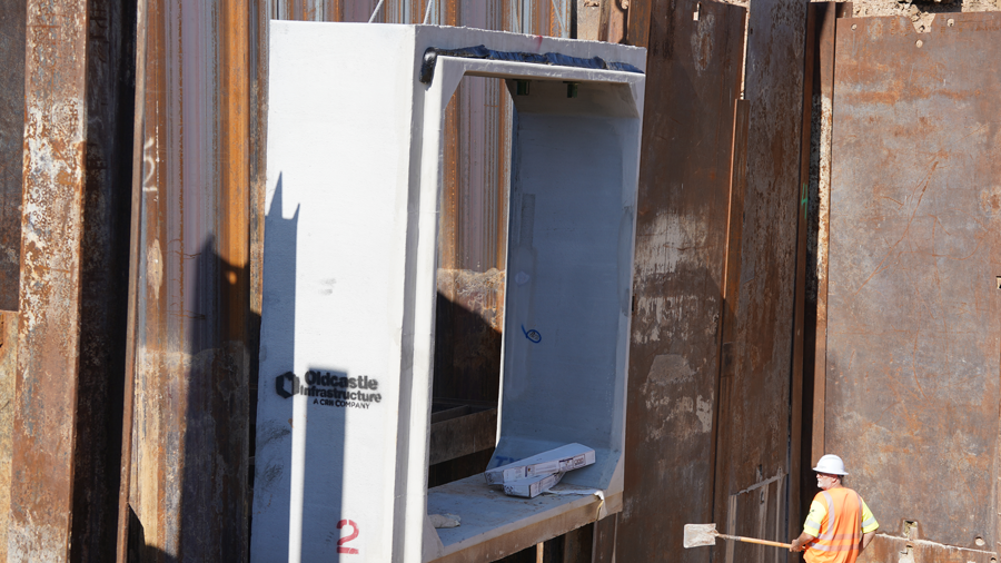 Crew members wait for box to arrive