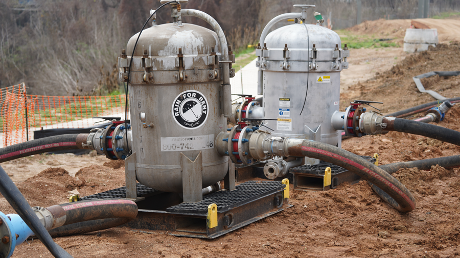 This pump removes rainwater from the pond and pushes it through a filtering system
