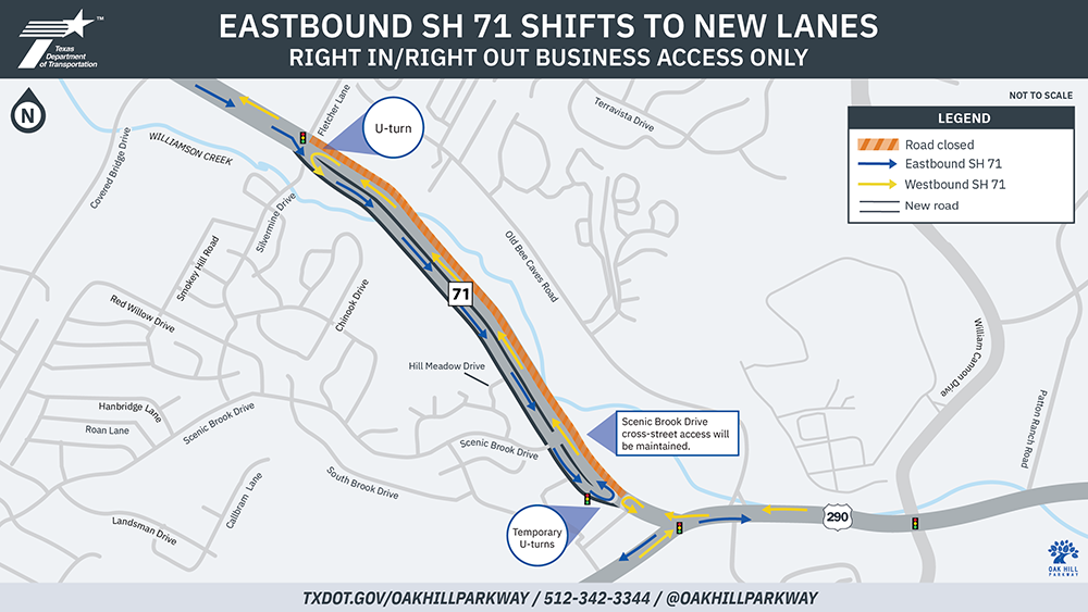 Eastbound SH 71 traffic shifts SH 71 en dirección este Cambia a nuevos carriles, solo acceso comercial a la derecha y a la derecha