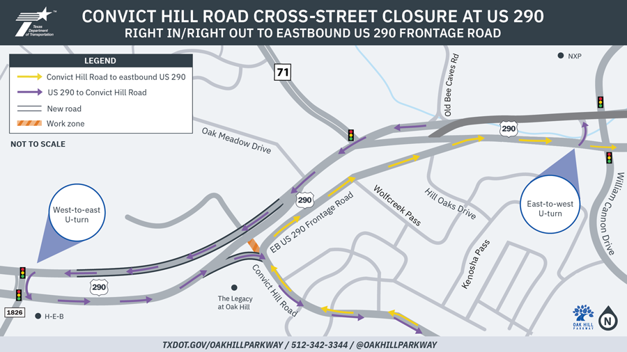 Convict Hill Road Cross-Street Closure at US 290
Right in/Right out to eastbound US 290 frontage road