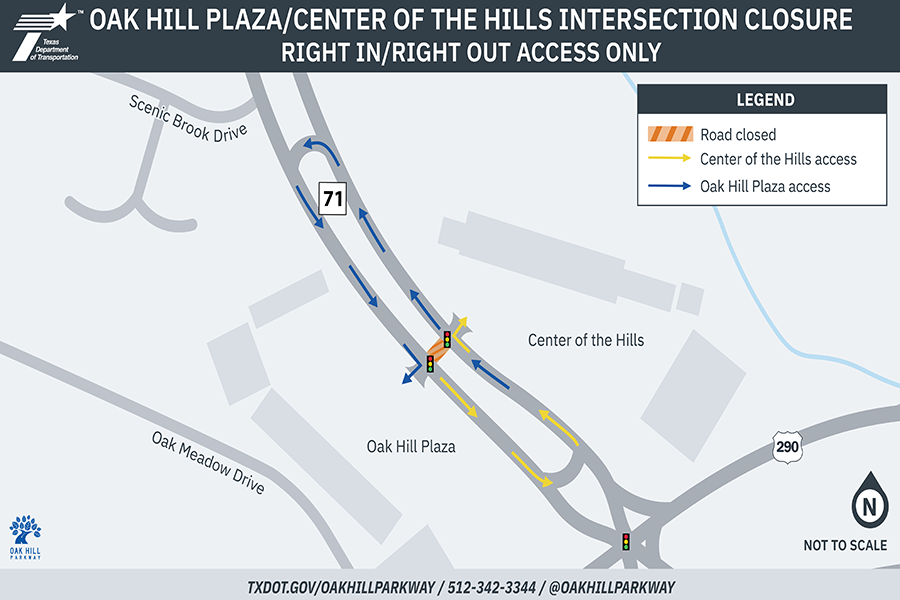 Oak Hill Plaza y el centro de la cruzada de colinas Mapa cerrado. Mapa sencillo que muestra el paso cerrado entre Oak Hill Plaza y los centros comerciales Center of the Hills en la SH 71, justo al oeste de la US 290. Para acceder a Center of the Hills, los conductores de la SH 71 en dirección este deben hacer un giro en U junto a Tesla y luego girar a la derecha hacia el aparcamiento. Para acceder a Oak Hill Plaza, los conductores de la SH 71 en dirección oeste deben dar la vuelta en U cerca de Scenic Brook Drive y luego girar a la derecha en el aparcamiento. Los semáforos permanecerán en su sitio para el tráfico de paso y quienes salen de los centros comerciales. Para más información, contacta con el equipo de Oak Hill Parkway en el 512-342-3238 o visita nuestra página X @oakhillparkway.