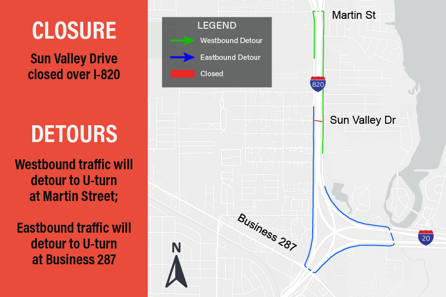 Sun Valley Drive closed over I-820.

Westbound traffic will detour to U-turn at Martin Street.
Eastbound traffic will detour to U-turn at Business 287.