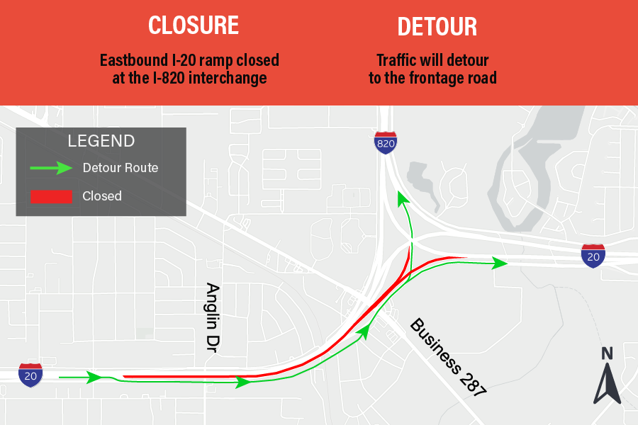 Eastbound I-20 closed at the I-820 interchange.

Traffic will detour to the frontage road.