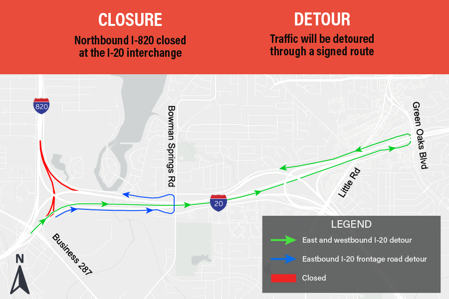 Northbound I-820 closed at the I-20 interchange.

Traffic will be detoured through a signed route.