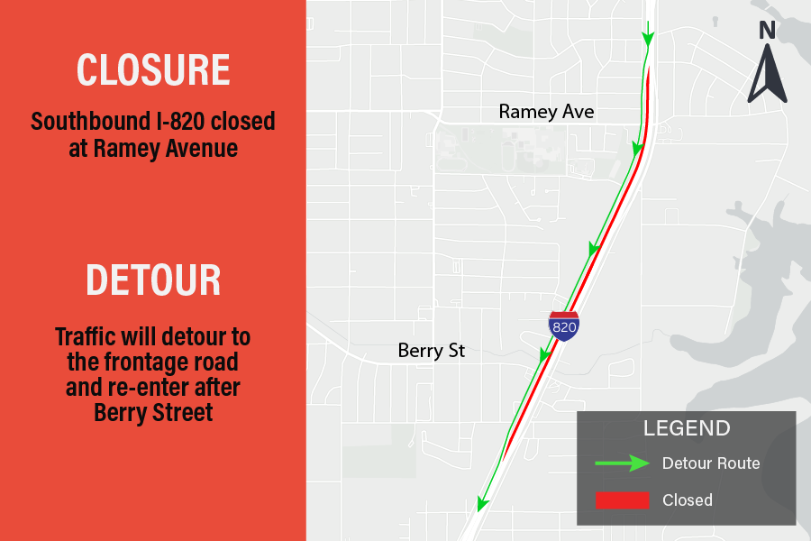 Southbound I-820 closed at Ramey Avenue.

Traffic will detour to the frontage road and re-enter after Berry Street.