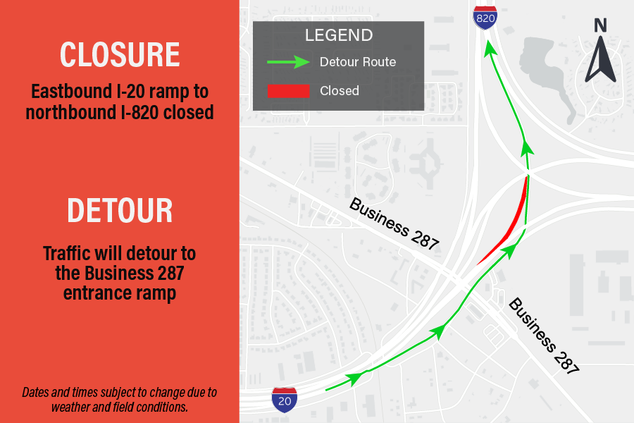 EB20-ramp-to-NB820 Eastbound I-20 ramp to northbound I-820 closed.
Traffic will detour to the Business 287 entrance ramp.