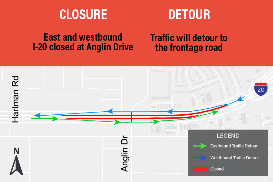 La I-20 en dirección este y oeste está cerrada en Anglin Drive.

El tráfico se desviará a la carretera secundaria.