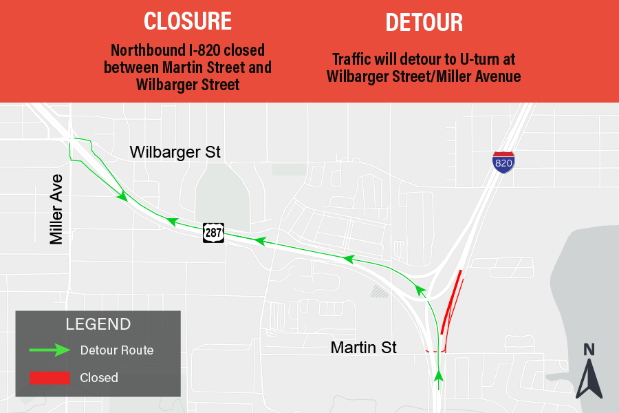 NB820-FC-Martin-to-Wilbarger Northbound I-820 closed between Martin Street and Wilbarger Street.
Traffic will detour to U-turn at Wilbarger St/Miller Ave along US 287.