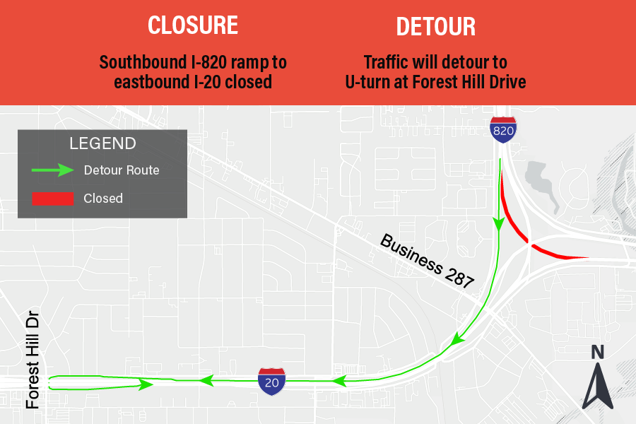 SB820-ramp-to-EB20 Southbound I-820 interchange ramp to eastbound I-20 closed.
Traffic will detour to U-turn at Forest Hill Drive.