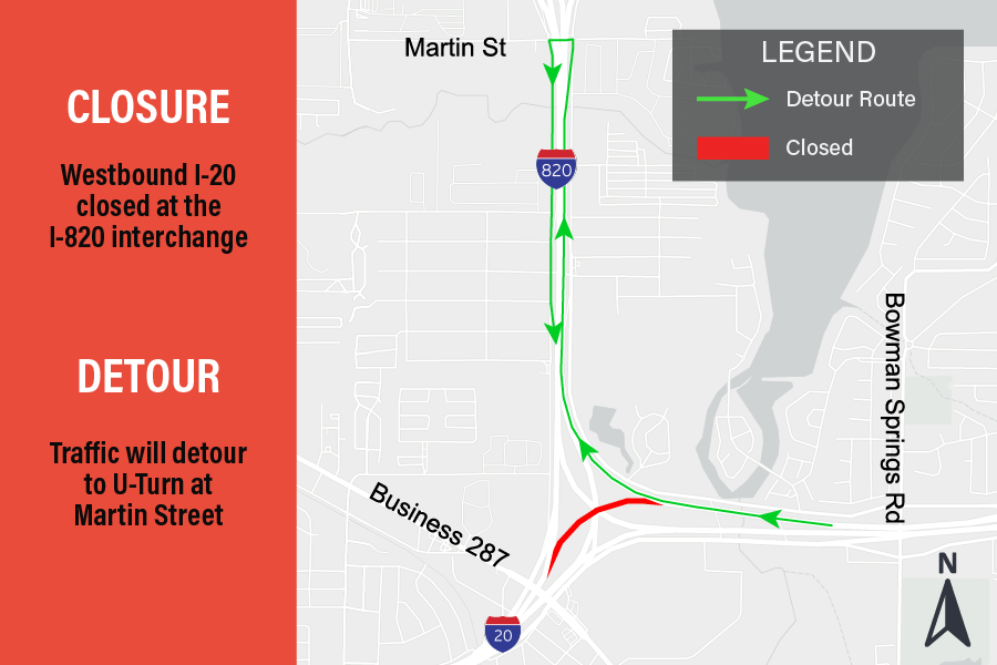 Westbound I-20 closed at the I-820 interchange.

Traffic will detour to U-turn at Martin Street.