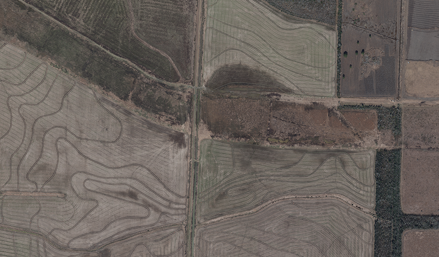 Aerial image of Grand Parkway Segment B-1 area in 2026 prior to construction beginning, showing fields.