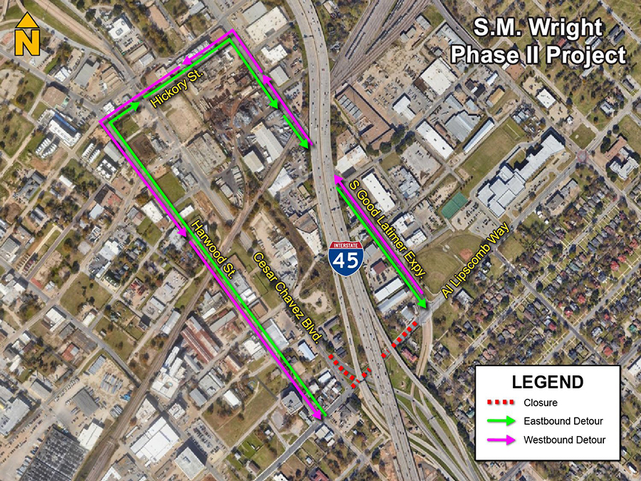 Eastbound traffic will turn left onto Harwood Street, then turn right onto Hickory Street, then right on to Good Latimer Expressway, and turn left to return to Al Lipscomb Way. 

Westbound traffic will turn right onto Good Latimer Expressway, then turn left onto Hickory Street, and turn left onto Harwood Street, and turn left to return on Al Lipscomb Way.