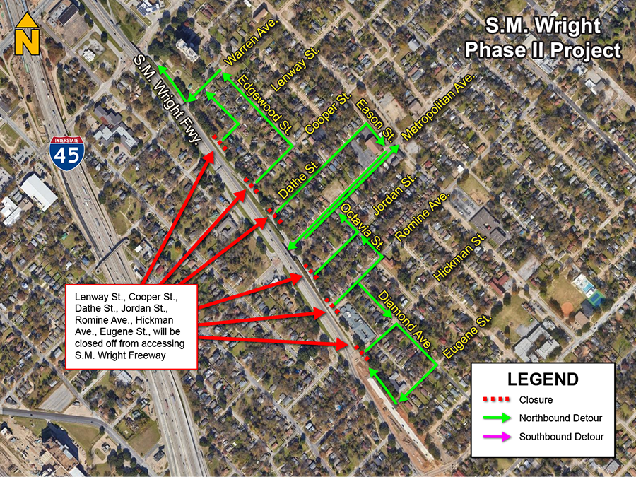 Hickman, Romine, Jordan, Dathe, Cooper, and Lenway at Northbound S.M. Wright will be closed with no access to S.M. Wright Freeway starting July 25, 2023.