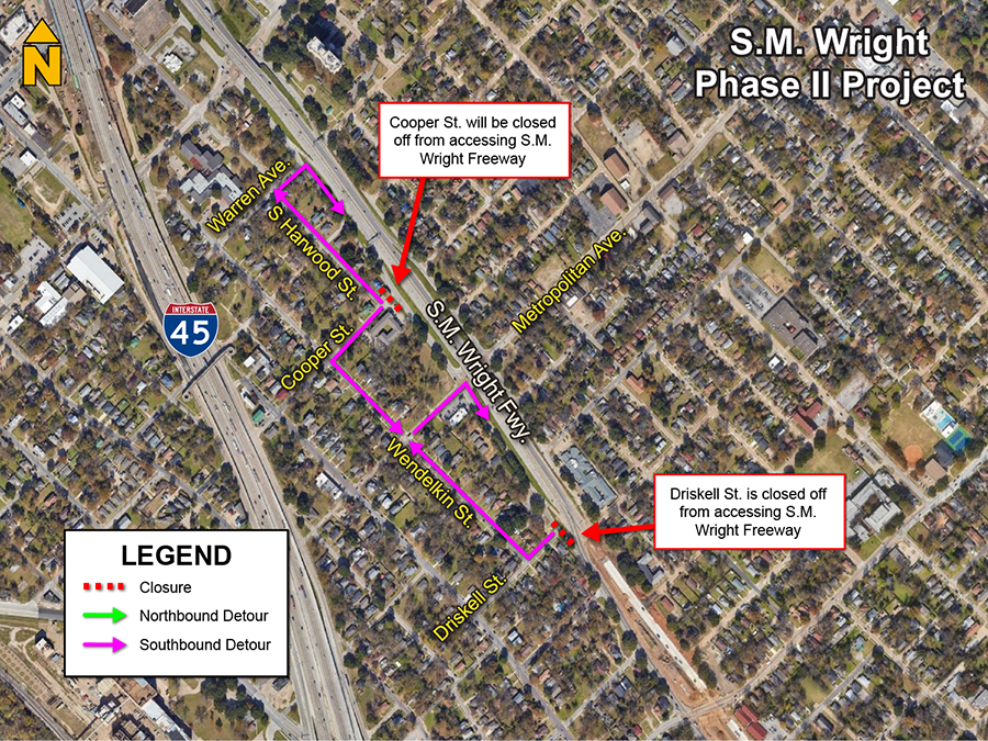Cooper Street and Driskell Street at Southbound  S.M. Wright will be closed with no access to S.M. Wright Freeway, starting July 25, 2023.