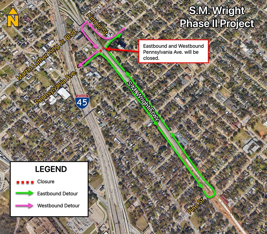 Eastbound traffic will turn right onto Southbound US-175 service road and take a U-turn on Metropolitan Avenue, then take a left on Northbound US-175 service road. 

Westbound traffic will turn right onto Kimble Street and turn left on Martin Luther King Jr. Boulevard, then take a left on Southbound US-175 service road. 