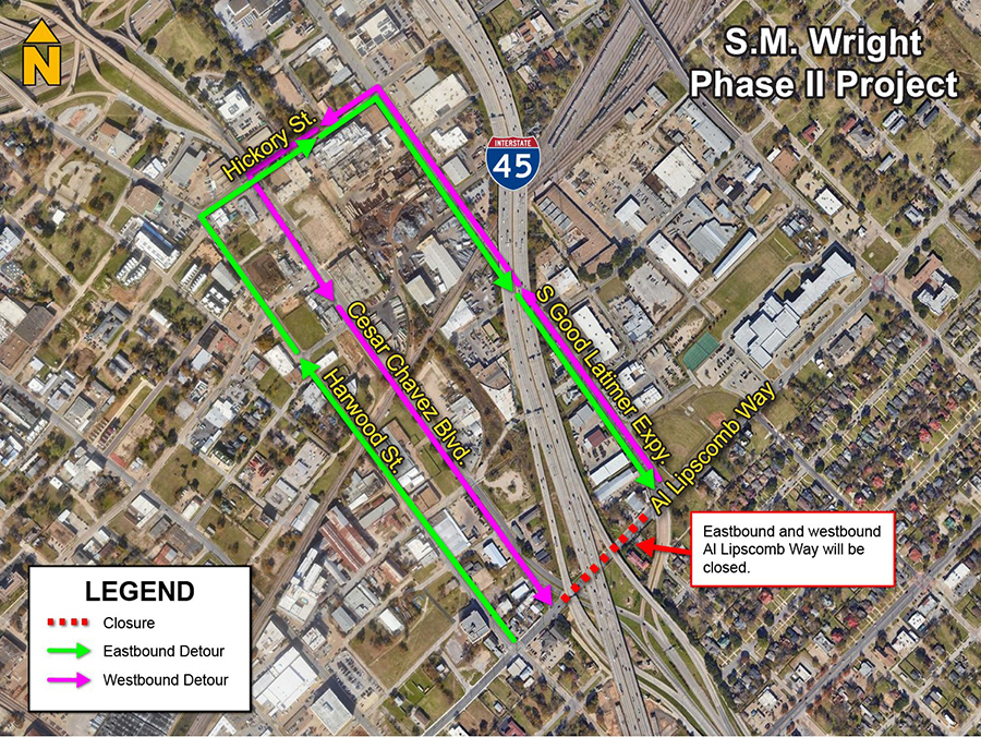 Eastbond traffic will turn left onto Harwood Street, then turn right onto Hickory Street, then right on to Good Latimer Expressway, and turn left to return to Al Lipscomb way.  

Westbound traffic will turn right onto Good Latimer Expressway, then turn left onto Hickory Street, and turn left onto Harwood Street, and turn left to return on Al Lipscomb way.