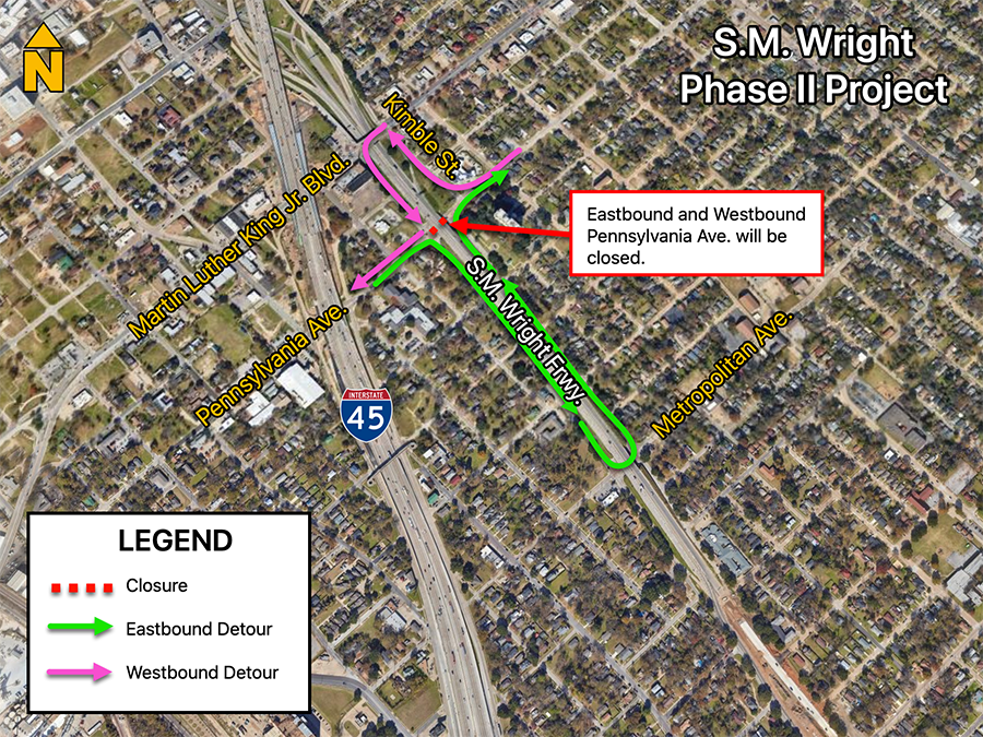 Eastbound traffic will turn right onto Southbound US-175 service road and take a U-turn on Metropolitan Avenue, then take a left on Northbound US-175 service road. 

Westbound traffic will turn right onto Kimble Street and turn left on Martin Luther King Jr. Boulevard, then take a left on Southbound US-175 service road.