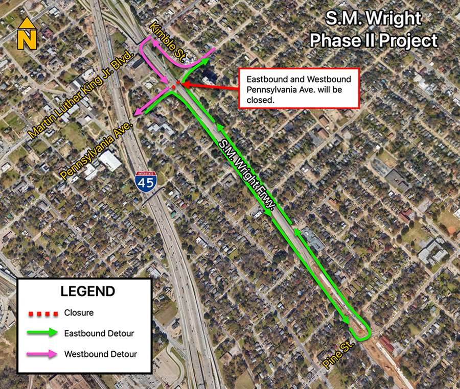 Eastbound traffic will turn right onto Southbound US-175 service road and take a U-turn left on Pine Street, then take a left on Northbound US-175 service road.

Westbound traffic will turn right onto Kimble Street and turn left on Martin Luther King Jr. Boulevard, then take a left on Southbound US-175 service road. 