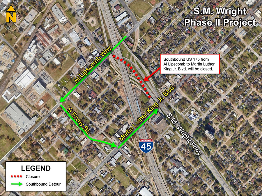 Traffic will continue on Al Lipscomb Way and then turn left on S Ervay Street and then turn left onto Martin Luther King Jr. Boulevard to access US 175.