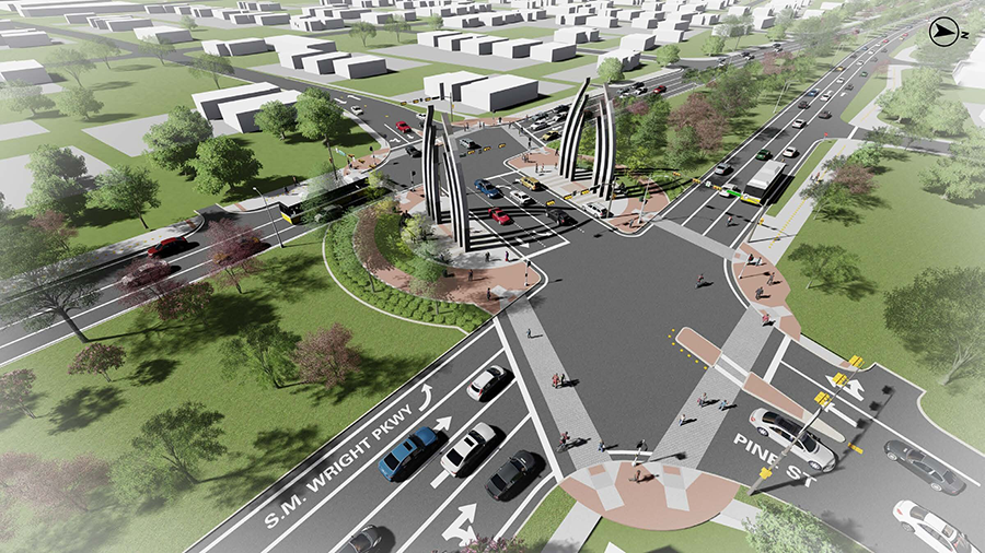 Aeriel view rendering of Pine Street.