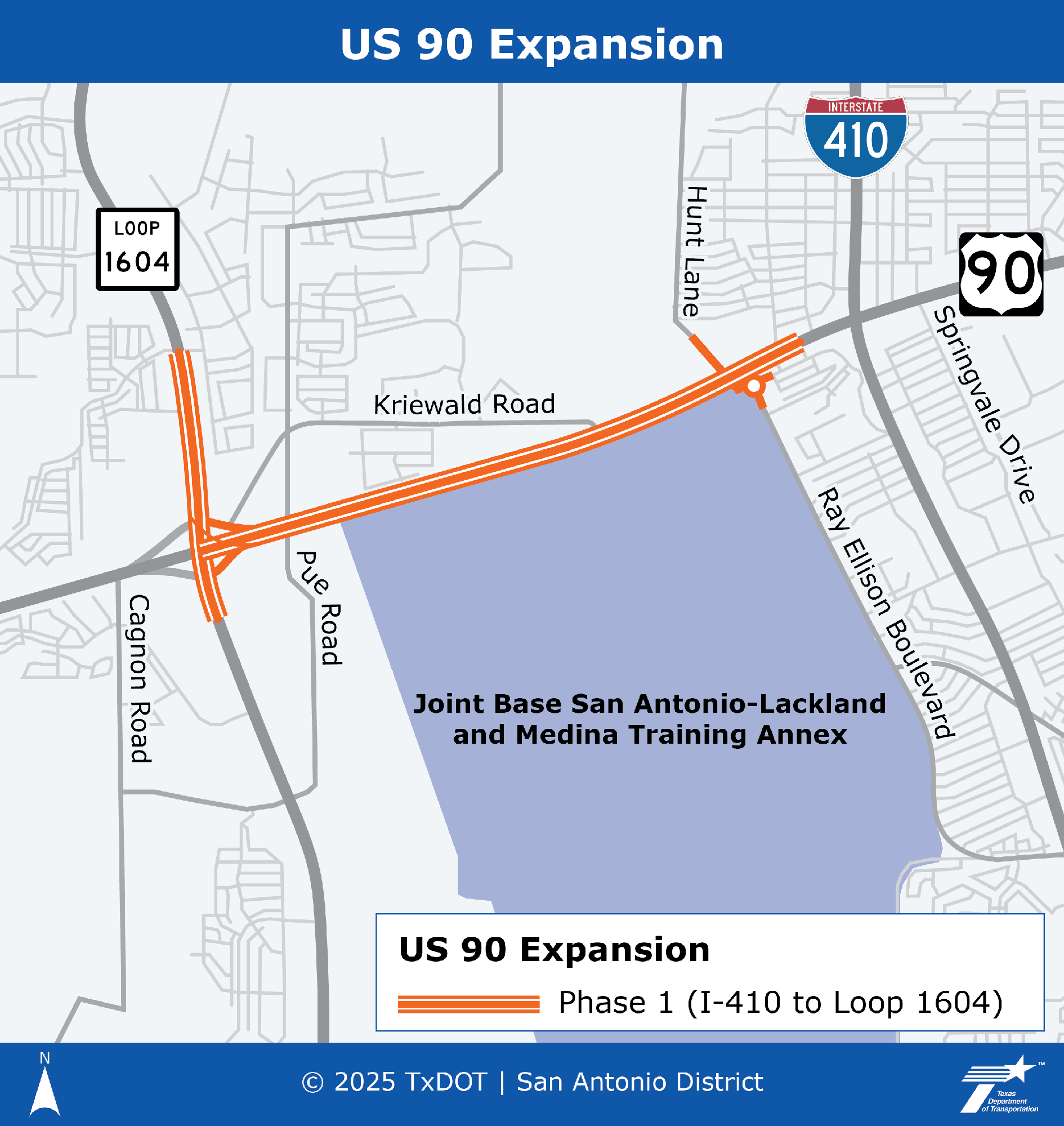 Mapa de expansión de la US 90: Fase I. Mapa sencillo que muestra los límites del proyecto para el proyecto de expansión de la US 90 del distrito de San Antonio de TxDOT, Fase I en el condado de Bexar. La Fase I se muestra entre la I-410 y el Loop 1604. La Fase I también incluye tramos de la Loop 1604 al norte y sur de la US 90, una rampa elevada de oeste a norte en la Loop 1604 y una rotonda en Ray Ellison Boulevard. Los elementos clave incluyen: La Fase I está representada por tres líneas naranjas.