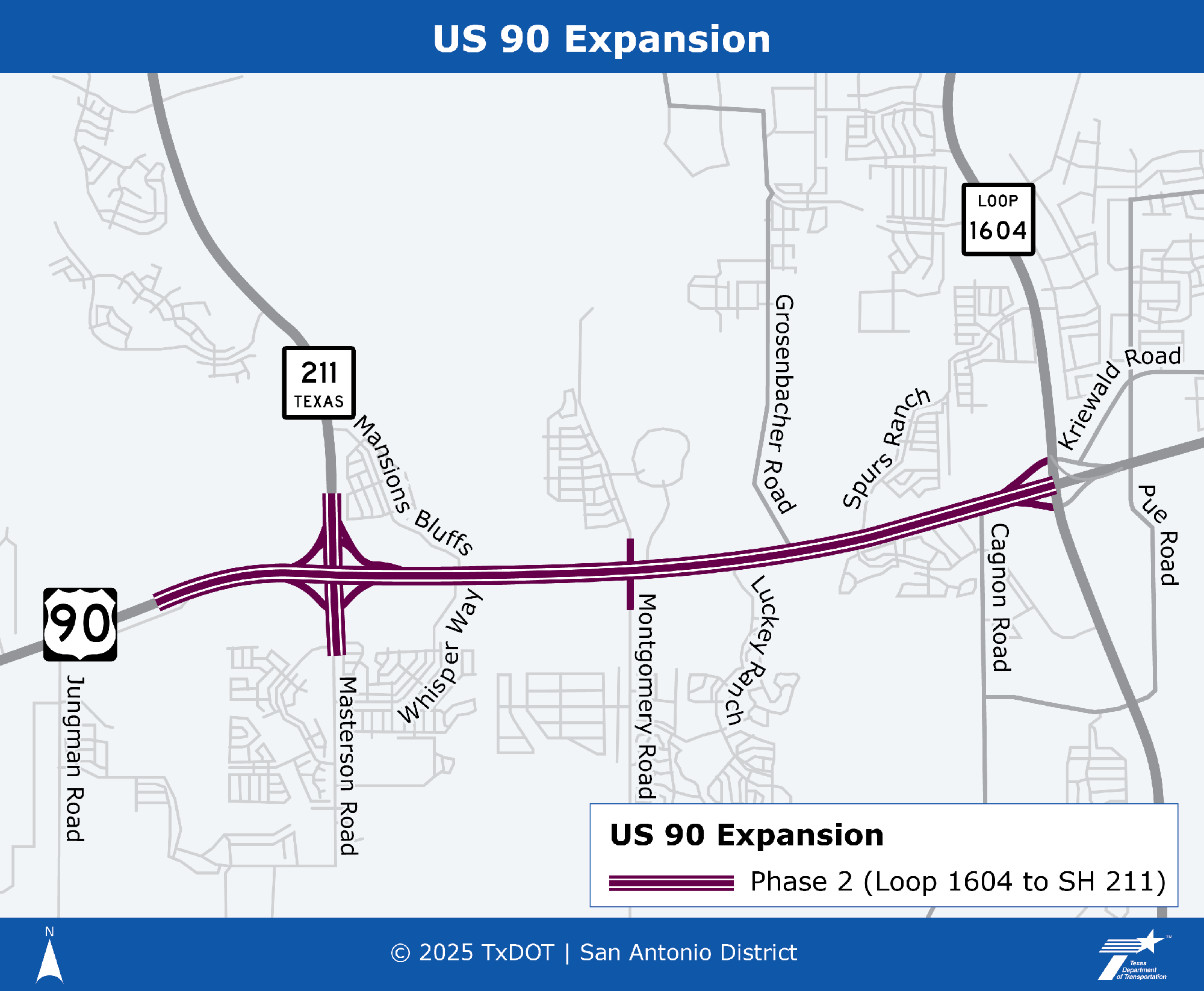 Mapa de expansión de la US 90: Fase II. Mapa sencillo que muestra los límites del proyecto para el proyecto de expansión de la US 90 del distrito de TxDOT San Antonio Fase II en el condado de Bexar. La Fase II se muestra entre el Loop 1604 y al oeste de la SH 211, incluyendo mejoras en el enlace SH 211/US 90. Los elementos clave incluyen: La Fase II está representada por tres líneas moradas.