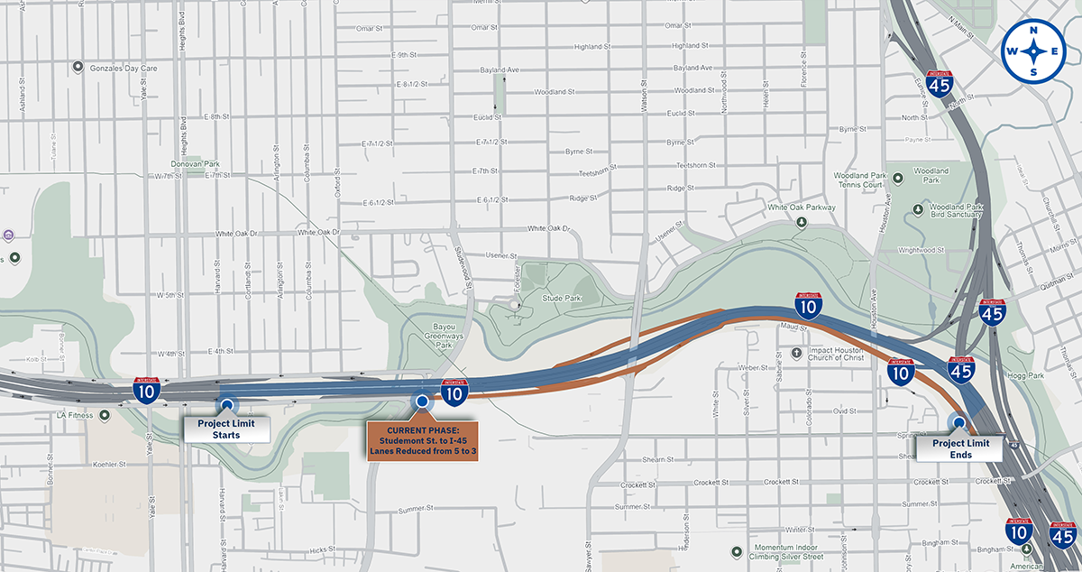 White Oak Bayou project limits map along I-10.