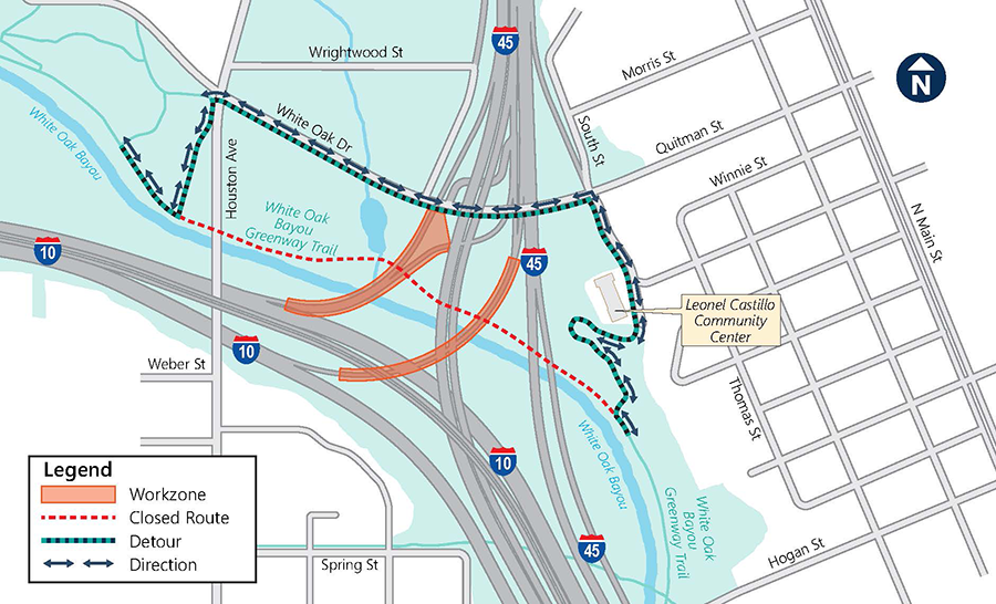 Starting Jan. 15, 2026, the White Oak Bayou Greenway (Little White Oak Bayou Trail), between Houston Avenue and the Castillo Community Center is closed for work on the IH-45 southbound to I-10 westbound and the I-10 eastbound to IH-45 northbound connector ramps.