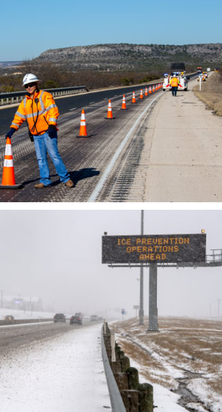 Ice prevention digital billboard and road crew with safety cones