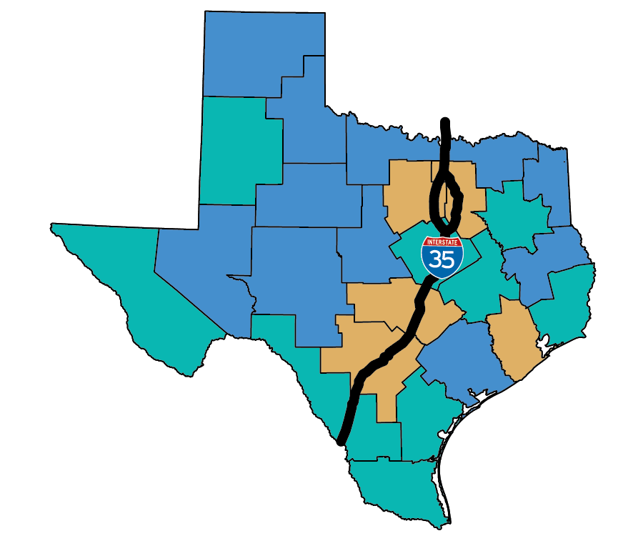 Texas county map with I-35