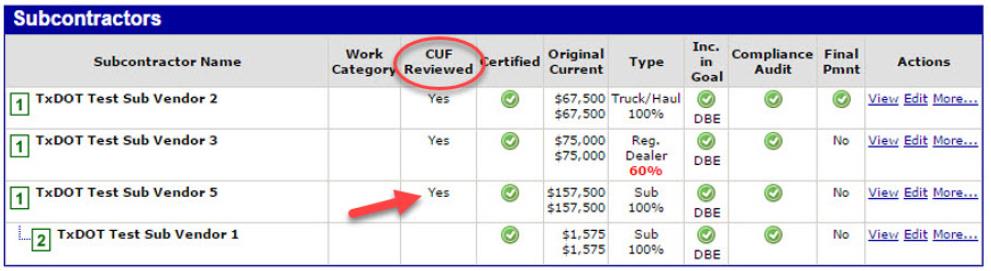 Note: “Yes” will now display in the CUFReviewed Column of the Subcontractors table. (click in image to see full-size image)