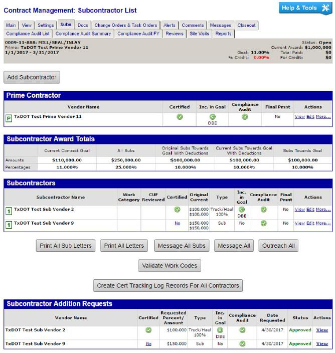 The image above shows the Subs tab afterthe prime contractor has added subcontractors and district staffhave approved the sub requests. (click in image to see full-size image)