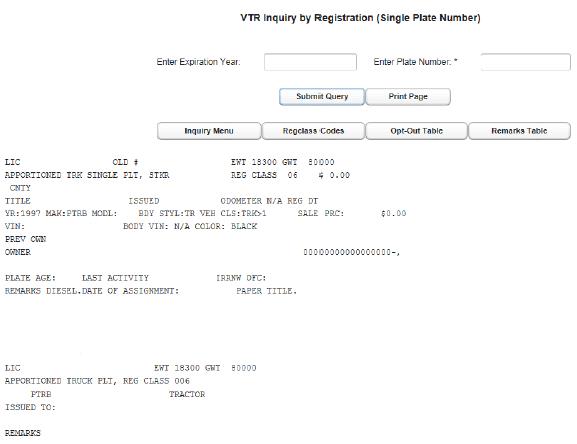 EXAMPLE: VTR Inquiry by Registration (SinglePlate Number) (click in image to see full-size image)