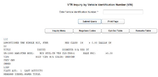 EXAMPLE: VTR Inquiry by Vehicle IdentificationNumber (VIN) (click in image to see full-size image)