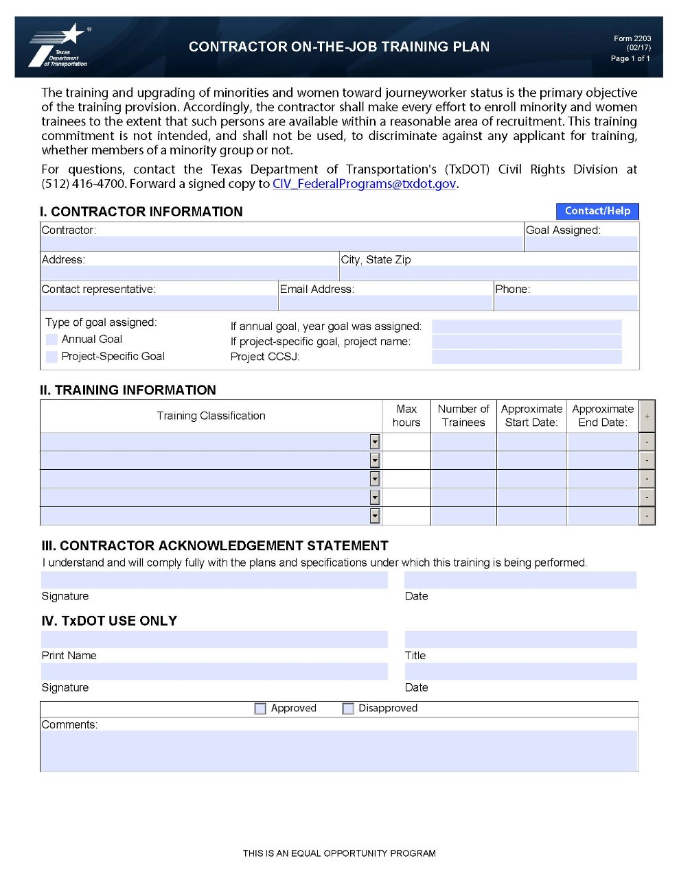 Form2203, Contractor On-The-Job Training Plan. (click in image to see full-size image)