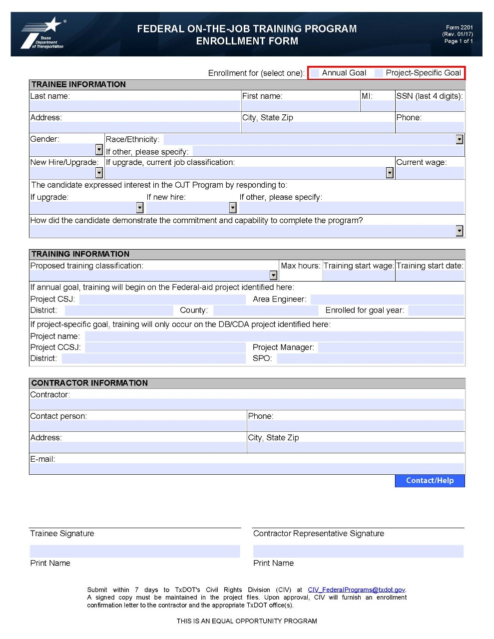 Form2201, Federal On-the-Job Training Program Enrollment Form. (click in image to see full-size image)