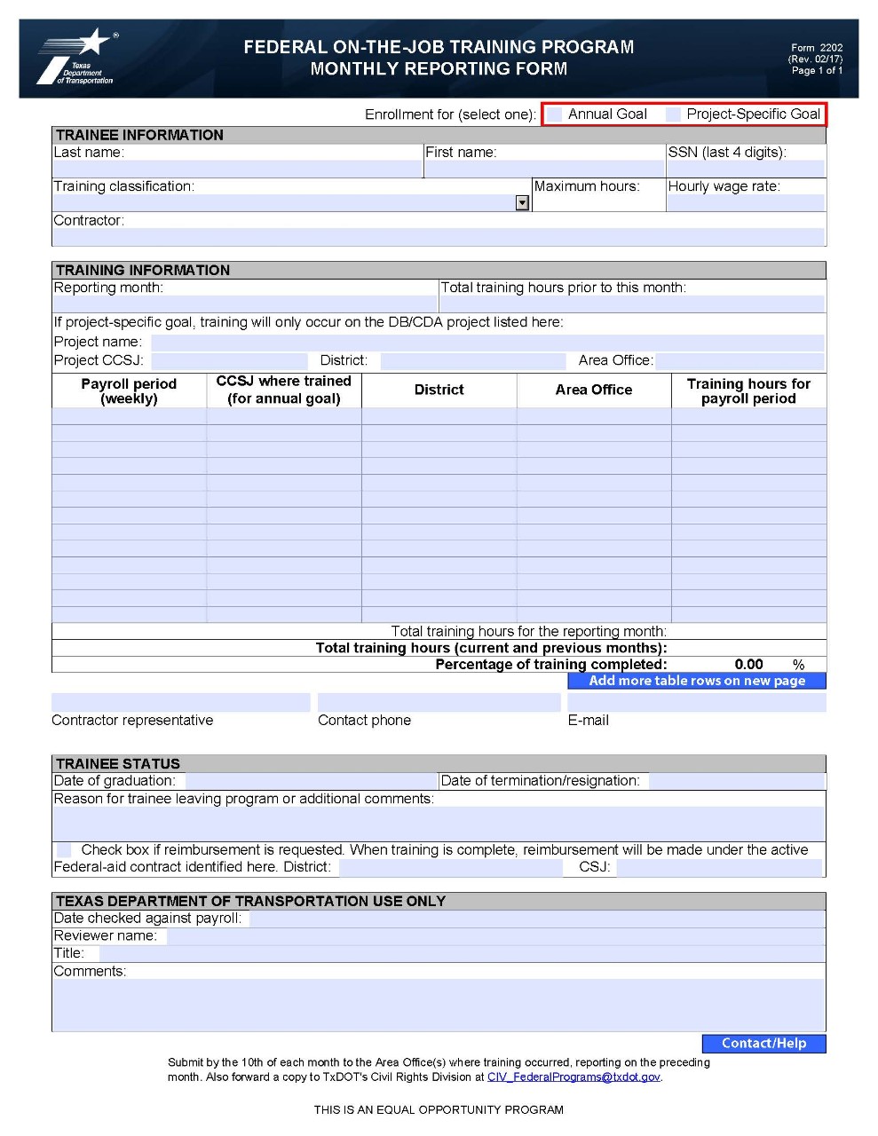Form2202, Federal On-the-Job Training Program Monthly ReportingForm. (click in image to see full-size image)