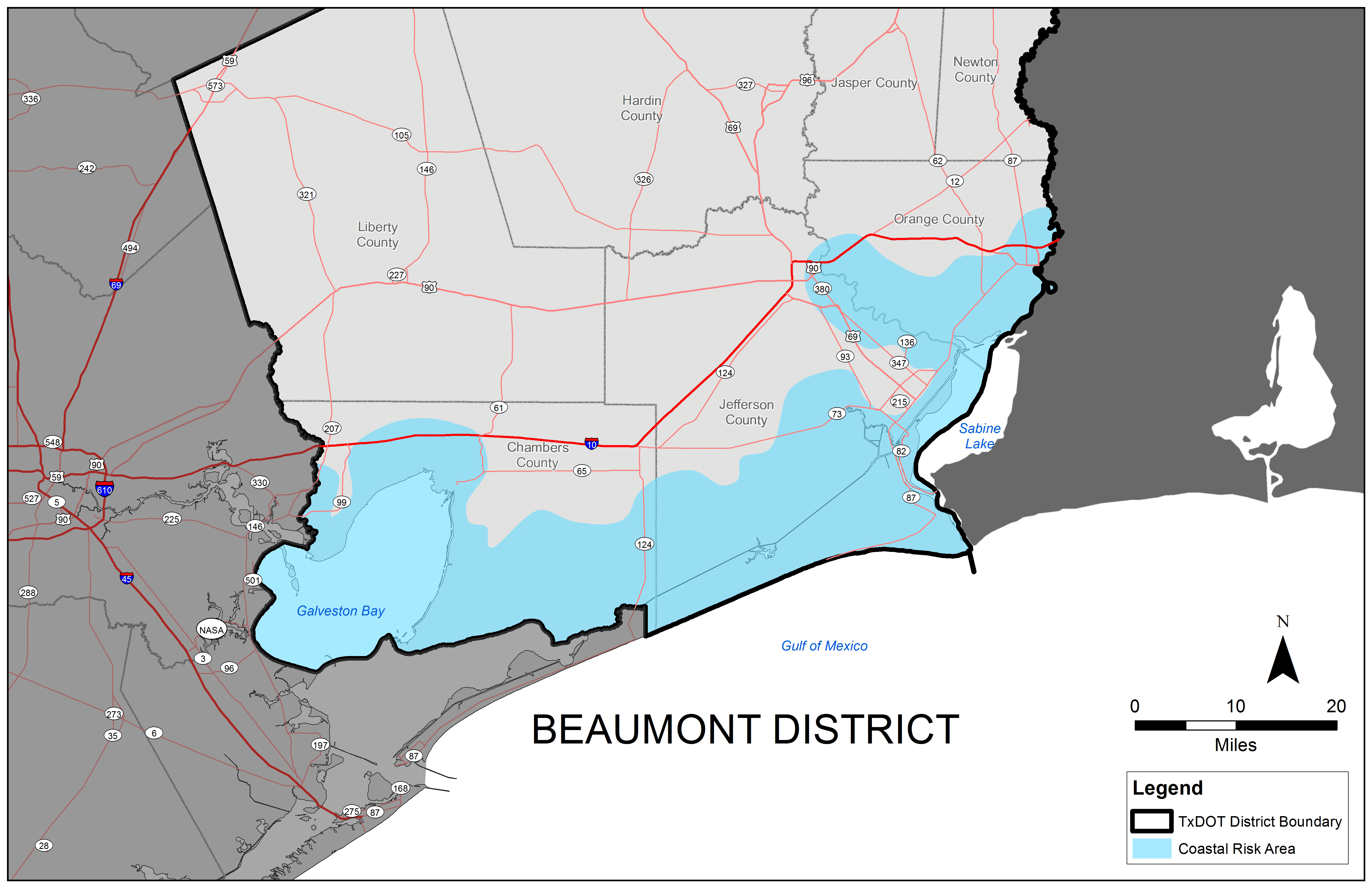 TxDOT Beaumont District Coastal Risk Area. (click in image to see full-size image)