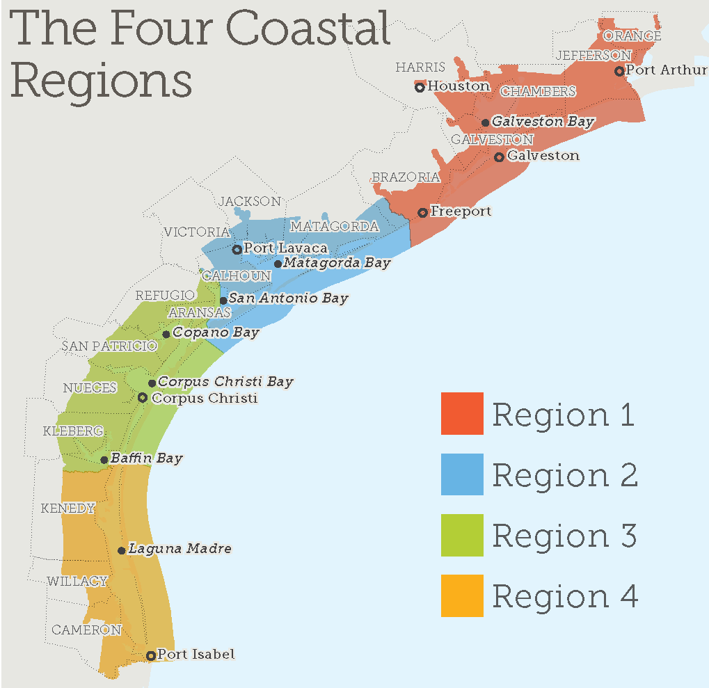 The GLO Texas Coastal Resiliency Master Plan’s Four Coastal Regions (Texas General Land Office, 2019). (click in image to see full-size image)