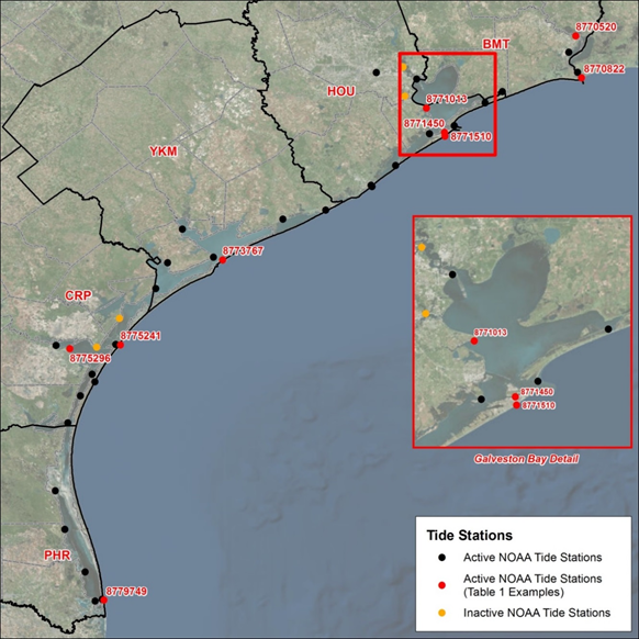 NOAA tide stations along the Texas Coast (USACE Galveston District Southwestern Division, 2018). (click in image to see full-size image)