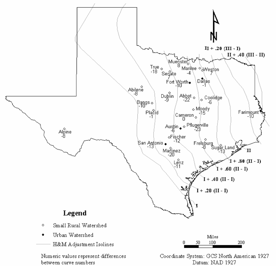 Climatic adjustment of CN - comparison of Hailey and McGill adjusted curve numbers, CNH&M, with CNobs. Negative differences indicate that CNH&M is larger than CNobs. Also shown are the lines of equal adjustment to curve number from Hailey and McGill’s (1983)