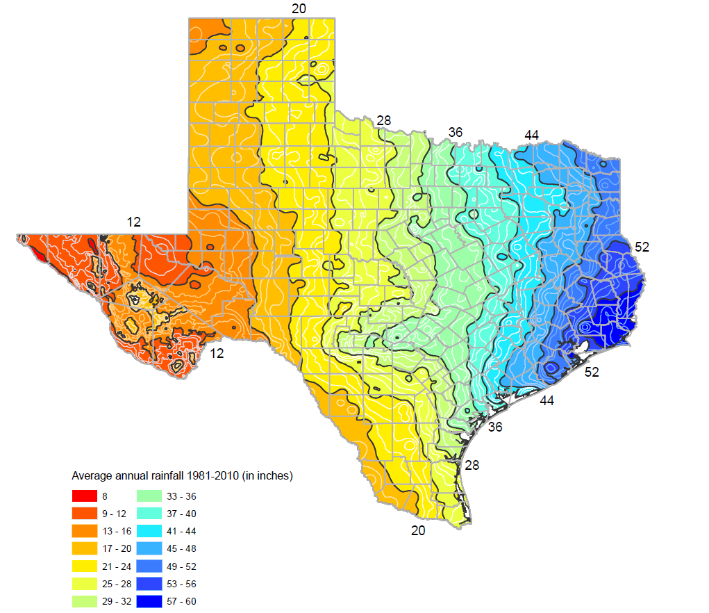 Mean annual precipitation, in inches (Source:Texas Water Development Board 2017) (click in image to see full-size image)