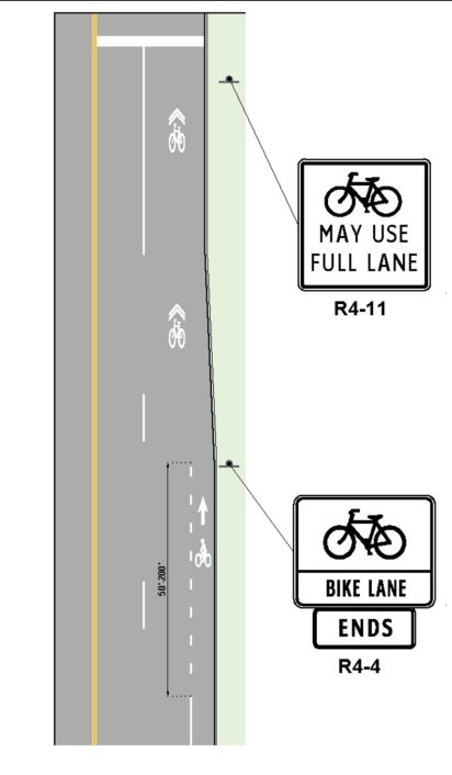 Example Shoulder or Bike Lane Terminating to a Shared Through Lane ( click in image to see full-size image)