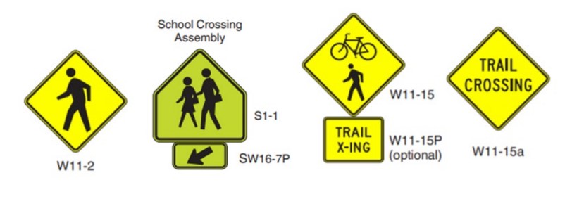 Pedestrian Crossing Warning Signs (left to right): Pedestrian Crossing, School Crossing, Pedestrian and Bike Trail Crossing, and Trail Crossing ( click in image to see full-size image)