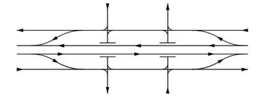 Split Diamond with One-way Cross Streets and Frontage Roads ( click in image to see full-size image)