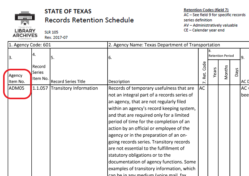 Example of Agency Item Number in RRS. (click in image to see full-size image)