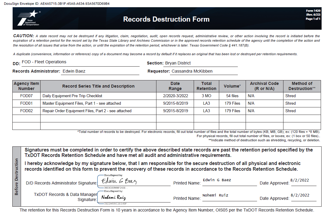 1420 Records Destruction Form.  (click in image to see full-size image)