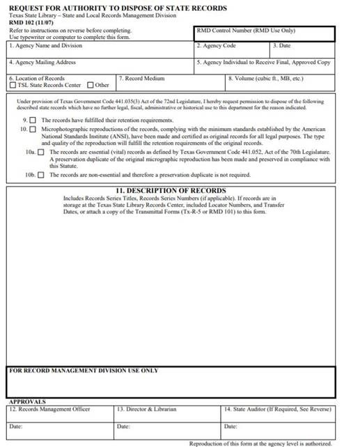  RMD 102 Form - Request for Authority toDispose of State Records (click in image to see full-size image)
