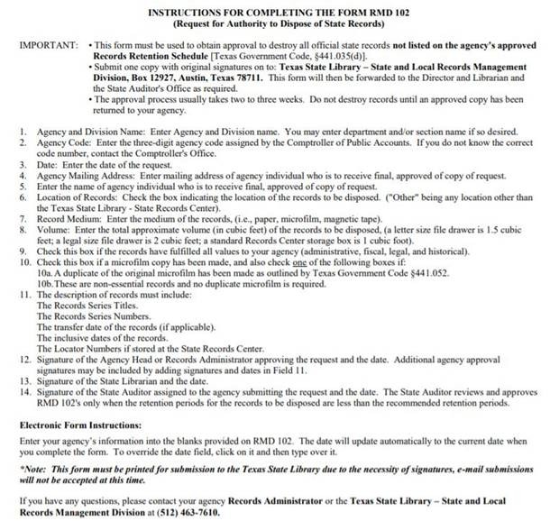 Instructions for Completing RMD 102 Form- Request for Authority to Dispose of State Records (click in image to see full-size image)